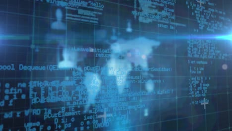 spot of light and data processing against world map on blue background