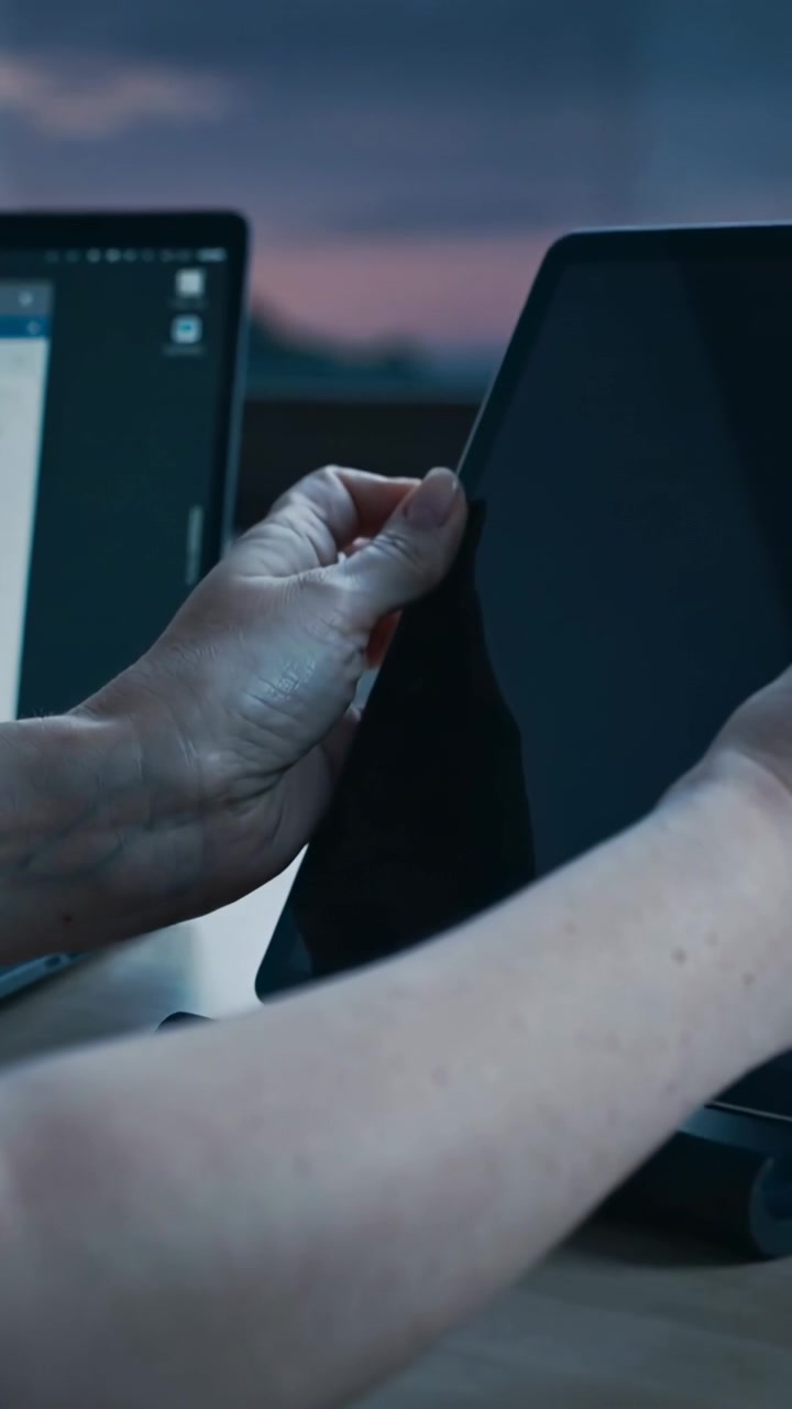 Video verticale: Un utente che con la mano sinistra solleva un tablet e lo posiziona su un supporto accanto a un laptop per la visualizzazione.