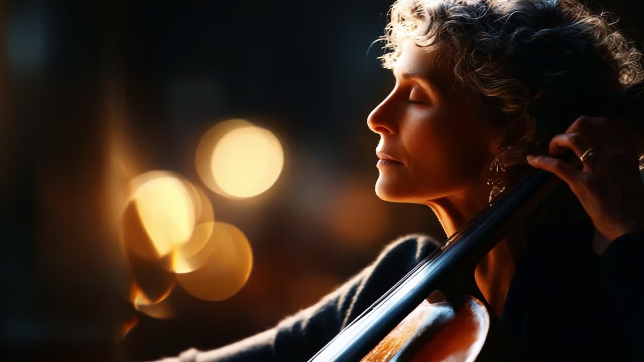 A Passionate Cellist Embracing the Music: Capturing the Soulful Essence of a Musician Lost in Harmony Amidst Glowing Lights and Intense Focus