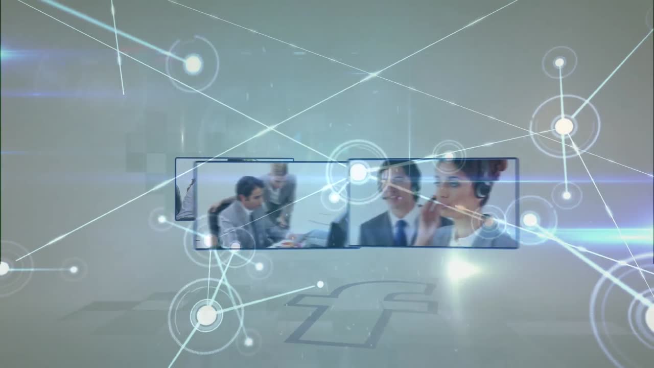 회색 공간 위의 화면에서 다양한 사업가들에 대한 연결의 애니메이션