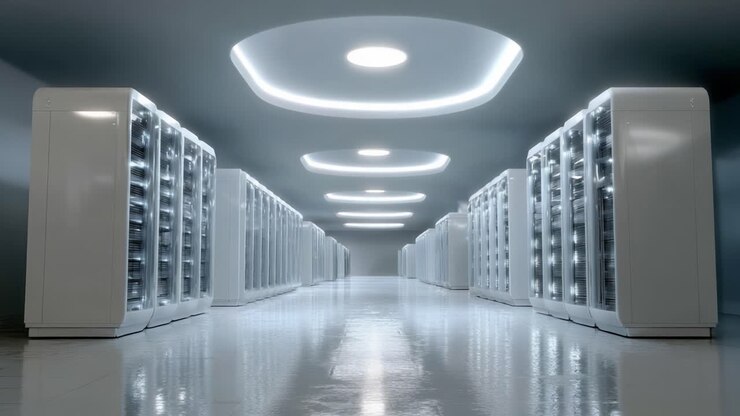 A Sleek and Modern Data Center Featuring Rows of High-Tech Servers Illuminated by Ambient LED Lighting in a Clean, Minimalist Environment