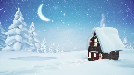 Animation-of-snow-falling-over-house-and-winter-landscape
