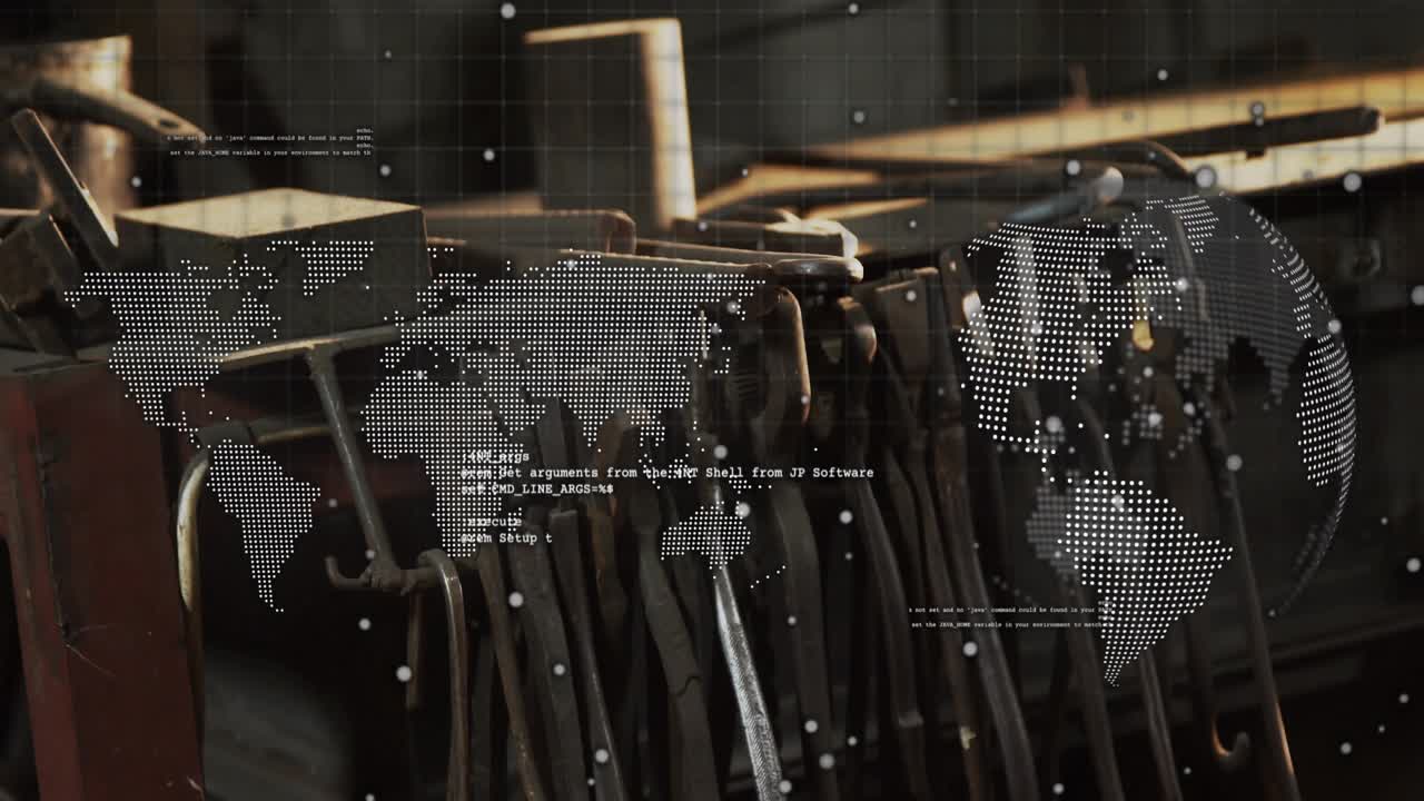 지도 코드 오버레이가 바 랙 위로 사라지는 동안 지구가 회전하고, 1초 후 입자들이 떠다니고 있어요.