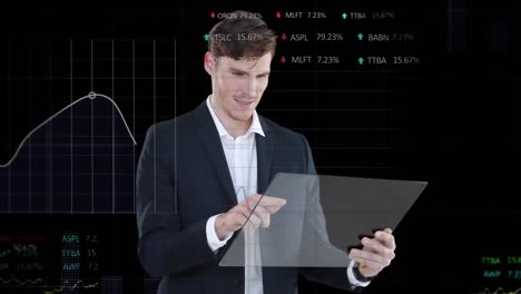 animation of data processing over smiling caucasian businessman using digital interface