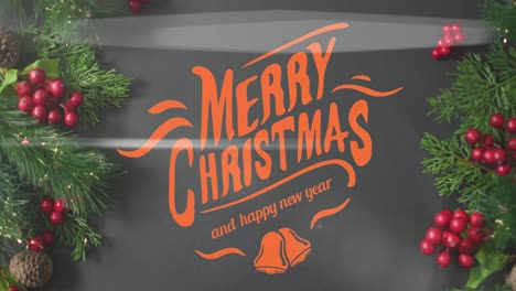 Animation-of-merry-christmas-and-happy-new-year-text-banner-over-red-berries-and-fir-tree-branches