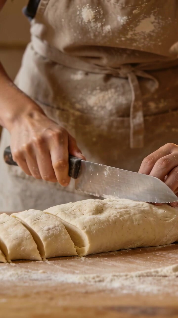 Vertical video: Pressing blade, baker's hands slicing rolled dough on wood board, apron, chef knife