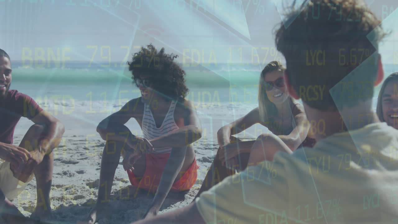 Animation of financial data processing over friends on beach