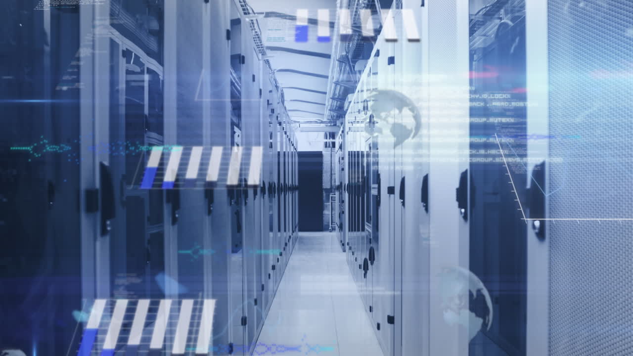 Animation of statistical data processing and light spots against computer server room