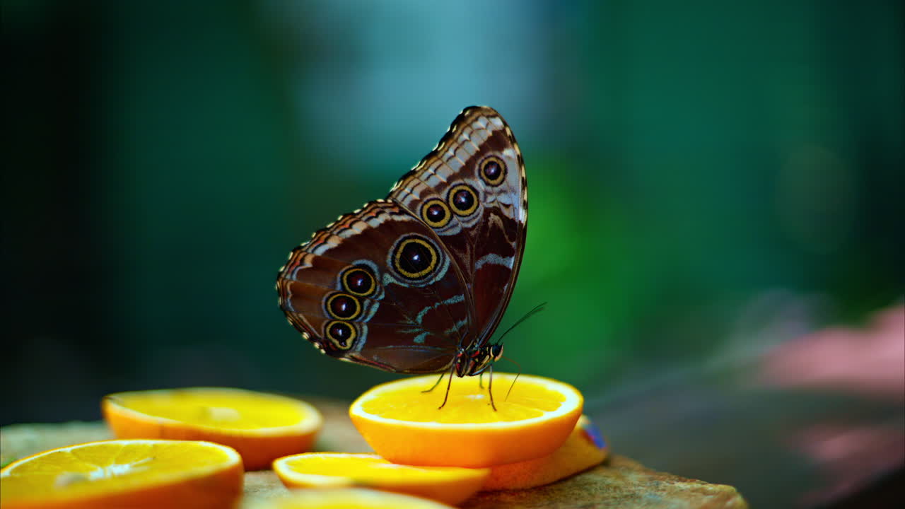 Morpho blu Menelao che beve nettare dalle arance