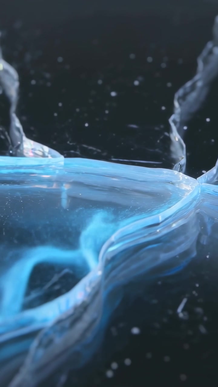 Vertical video: Colliding streams forming cross ribbons over dark plane, glowing filament, droplets