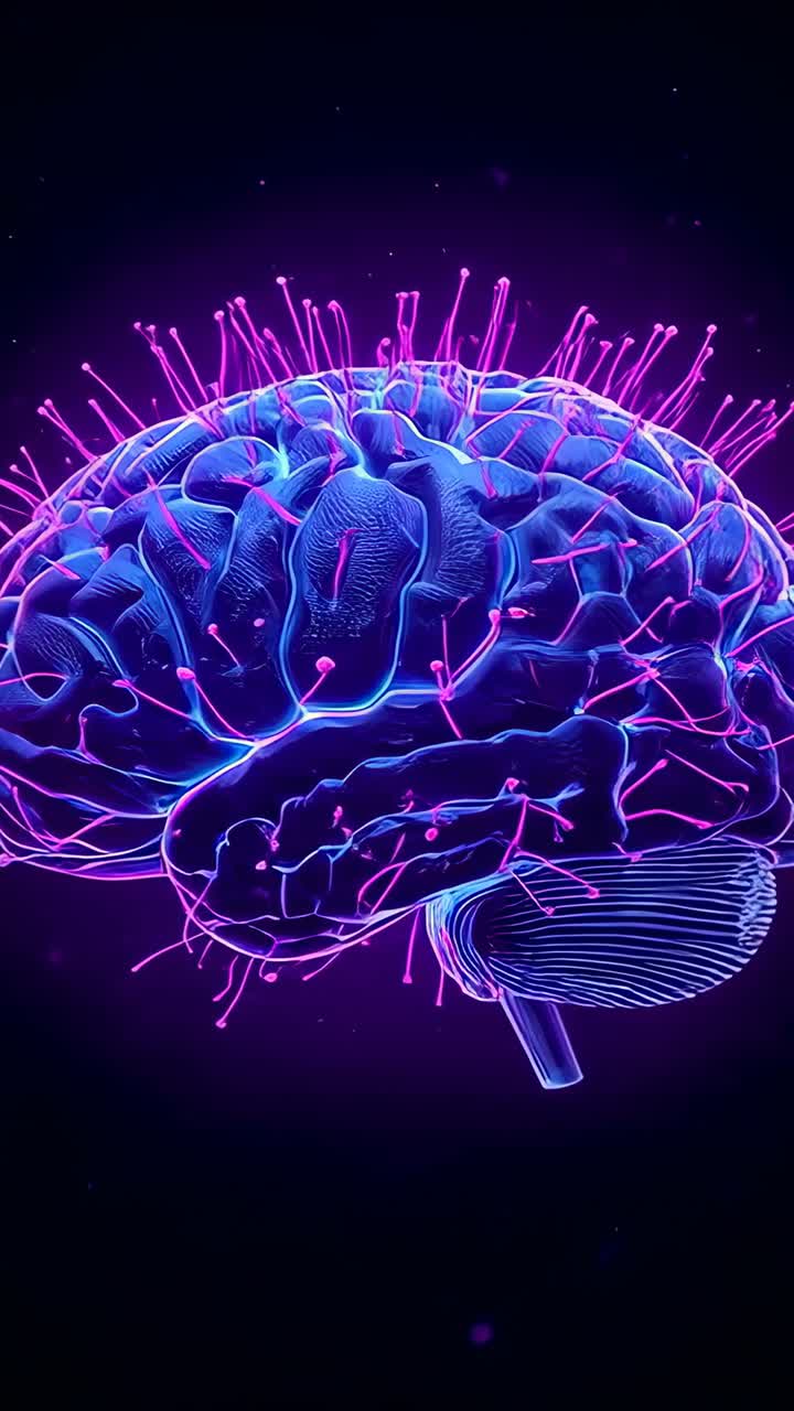 Vertical video: Camera zooming, neon-blue brain pulsing magenta filaments in void, showing network