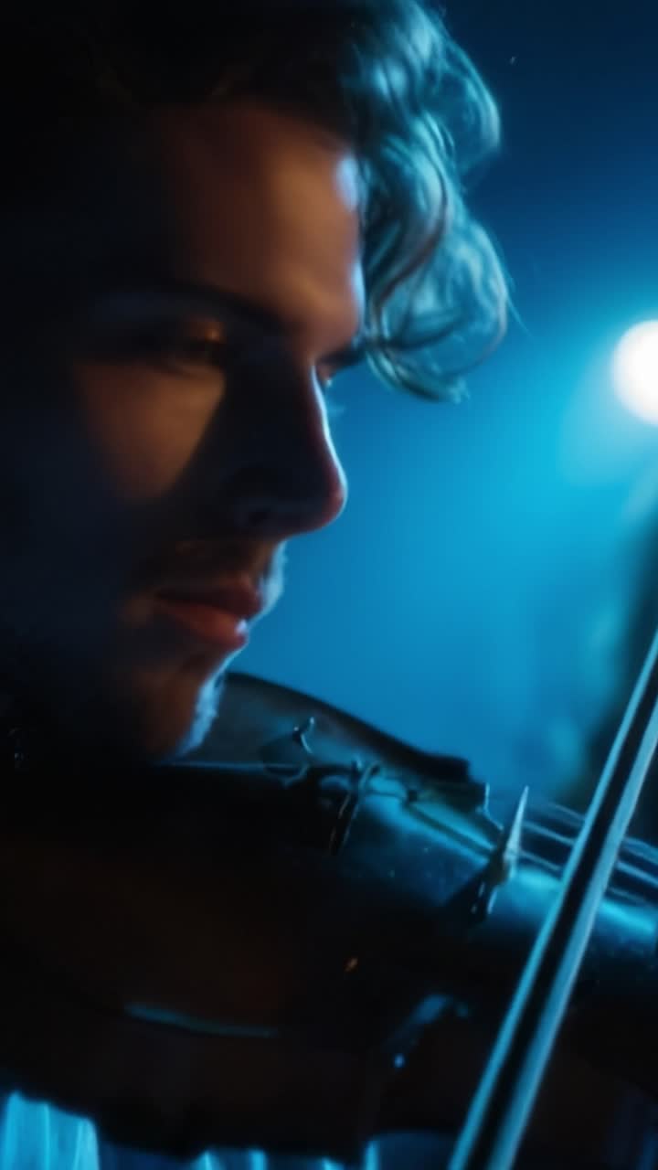 Un violinista appassionato incanta il pubblico con la sua esibizione toccante, illuminato da un'incantevole luce blu, creando un'atmosfera di magia musicale.