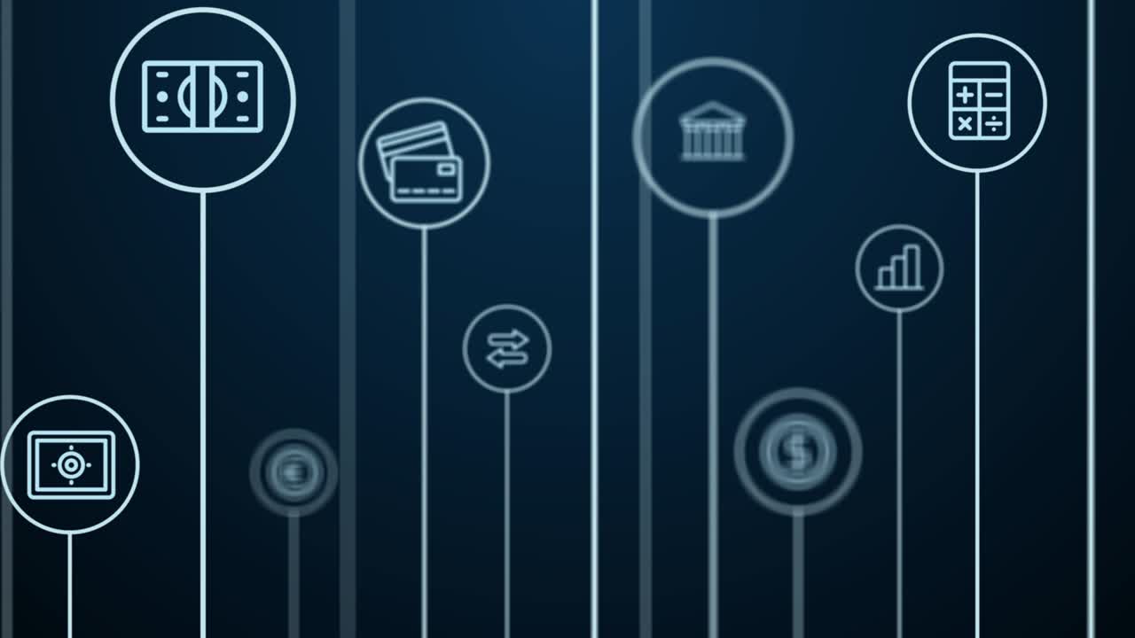 4k animación abstracta. banca digital y finanzas, fondo de tecnología de negocios. paso móvil a través de líneas, círculos e iconos.