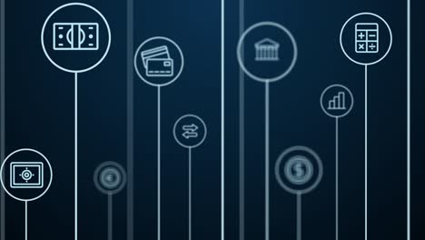 4k abstract animation. digital banking and finance, business technology background. moving pass through lines, circles and icons.