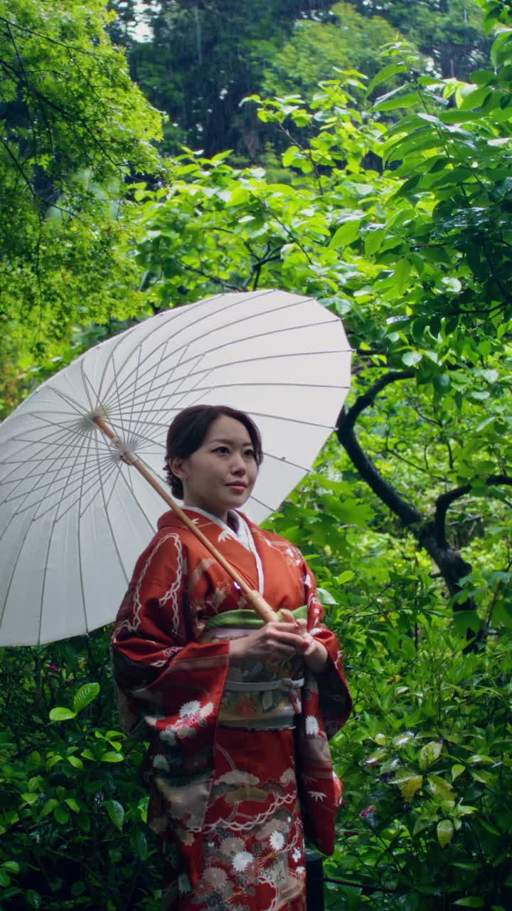 Woman in Kimono with Umbrella in a Japanese Garden