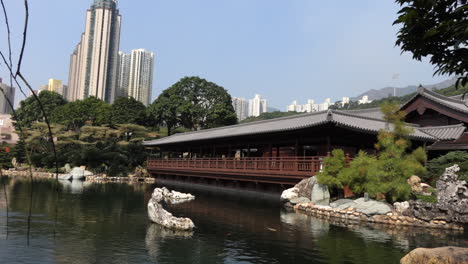 wide shot of nan lian park in hong kong during the day