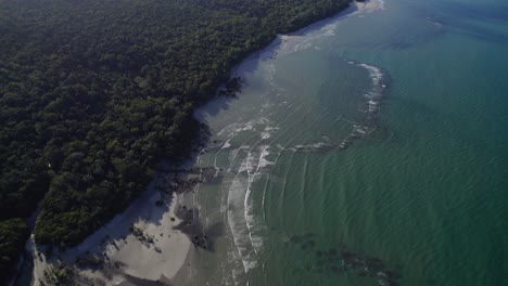 Océano-Tranquilo-Y-Vegetación-Exuberante-En-El-Parque-Nacional-Daintree,-Extremo-Norte-De-Queensland,-Australia---Toma-Aérea-De-Drones