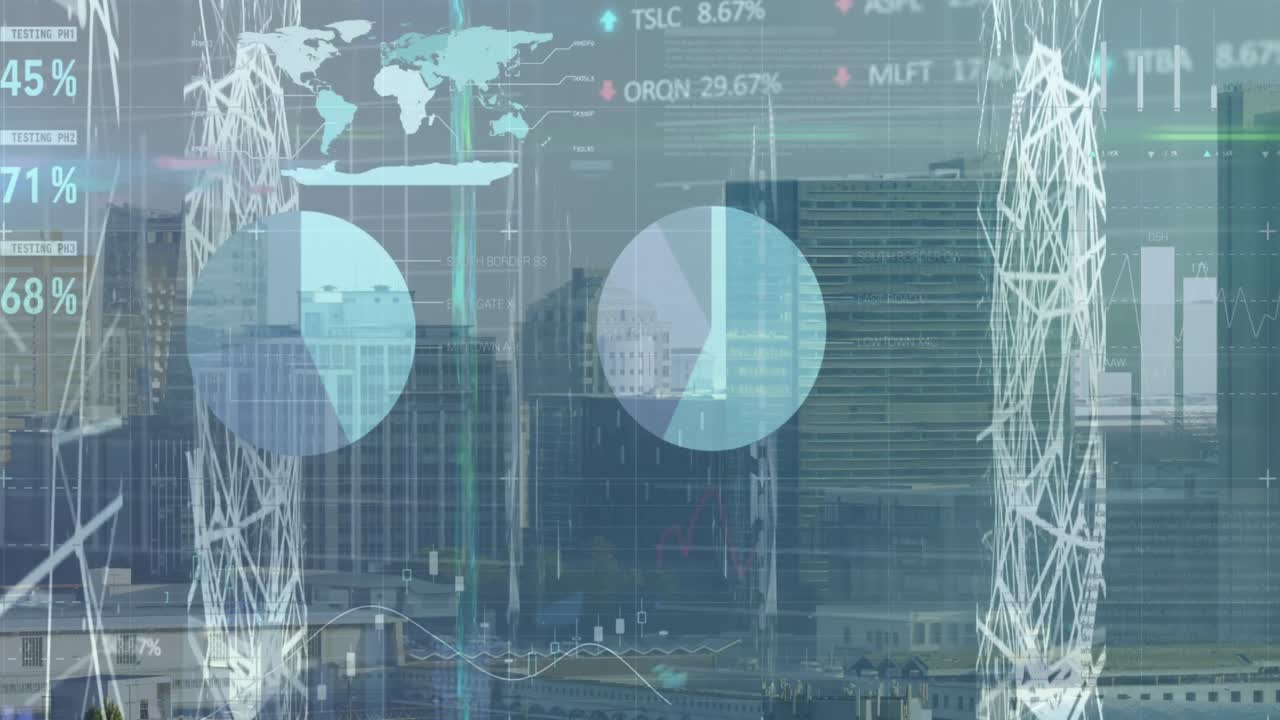 Animation of financial data processing over cityscape