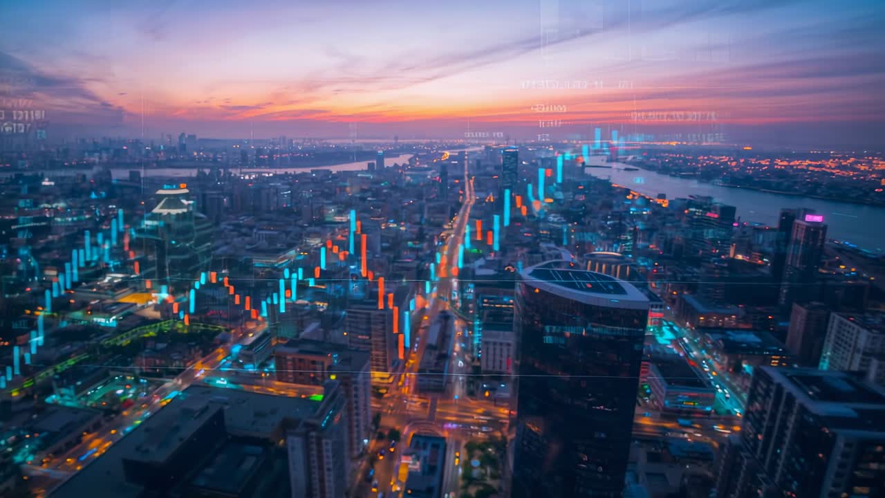 Rising animated candlestick chart moving upward across downtown at sunset, showing market rise