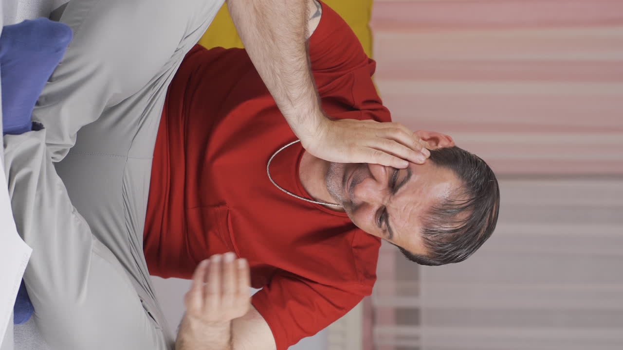 Vertikal video av mannen som bekymrer seg over problematisk papirarbeid