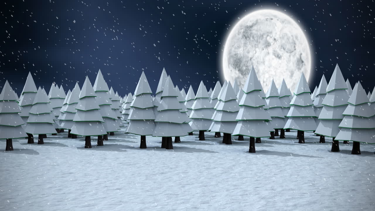 Animazione di abeti, luna piena e neve che cade.