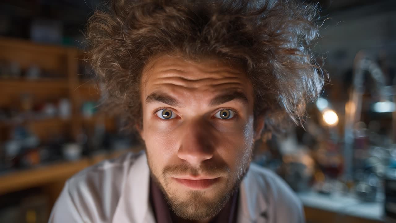 Uno scienziato sorpreso con i capelli arruffati guarda dritto nella camera in un laboratorio disordinato pieno di strumenti scientifici, ripreso in due fotogrammi