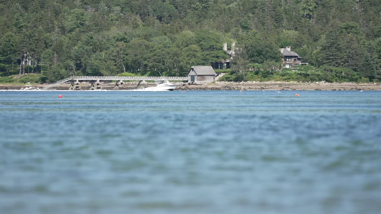 스피드보트는 서서히 침착한 평온한 호수를 가로질러 빠르게 움직이고, 뒷면에는 숲이 있는 언덕이 있다