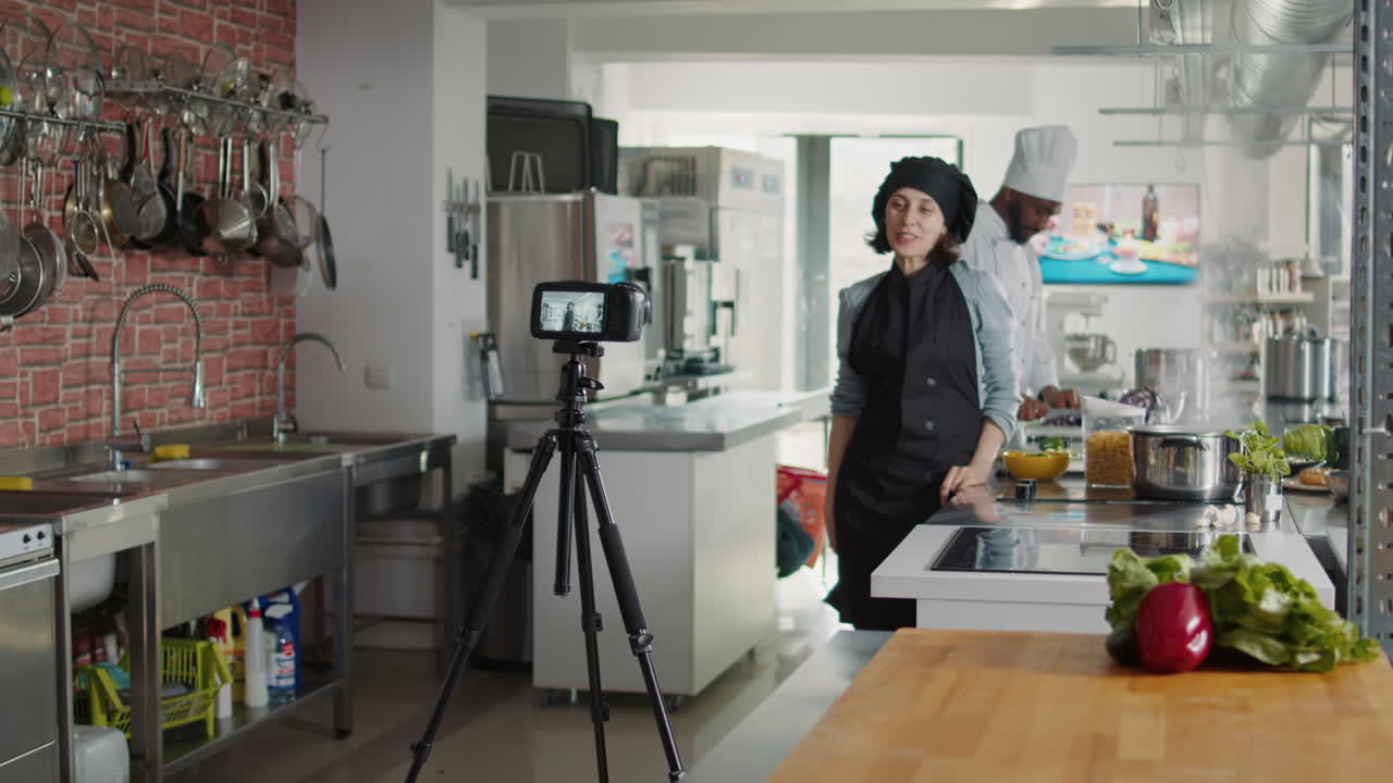 Female cook recording cooking show program on camera