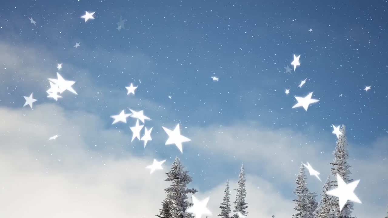 겨울 시골 풍경 위 에 내리는 눈 과 별 들 의 애니메이션