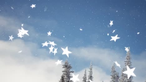 animation of snow and stars falling over winter countryside scenery