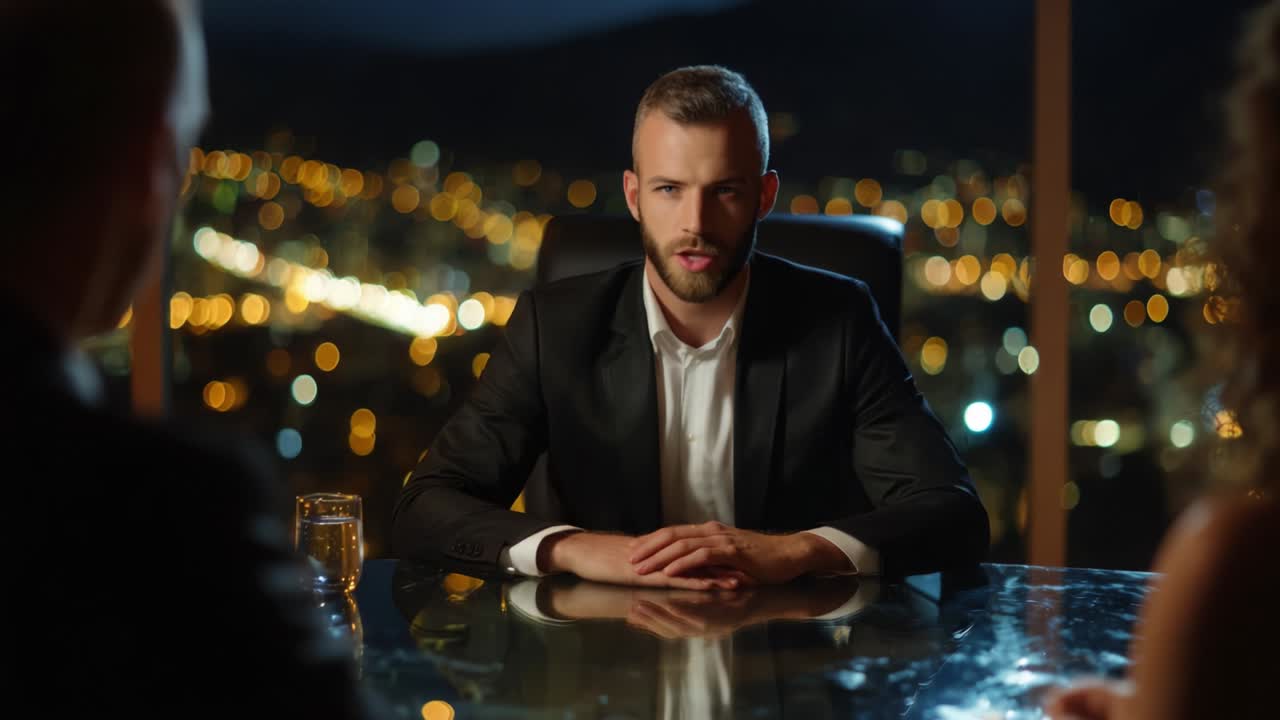 A Pensive Encounter: A Man in a Suit Sits at a Luxurious Table Against a Night Cityscape, Intently Listening to Two Individuals, Surrounded by Distant Lights of the Urban Landscape