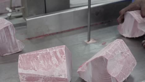 close-up view of a man slicing frozen fish with a cutting machine