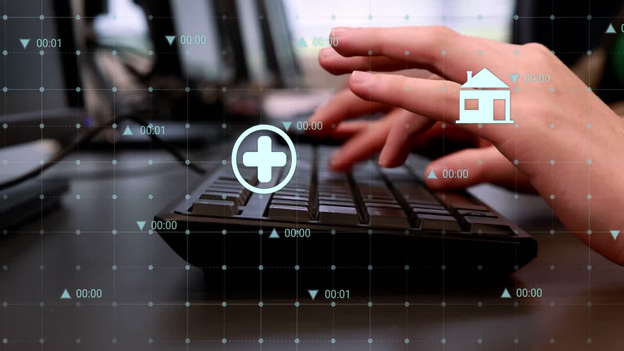 анимация цифровых икон по сетевой сети против средней секции детей, использующих компьютер в школе.