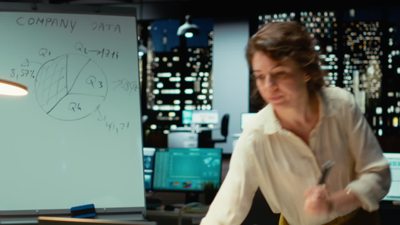 Vertical Video Manager fact checking before drafting financial projections on a white board