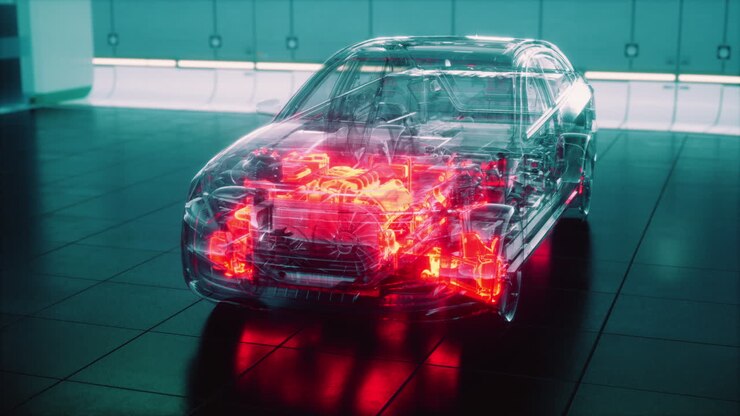 transparent car with engine in laboratory