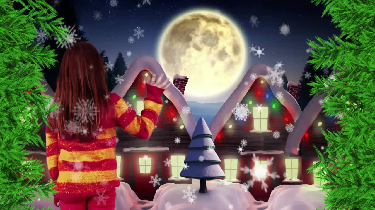 Children looking at moonlit houses with Christmas decorations and snowflakes animation