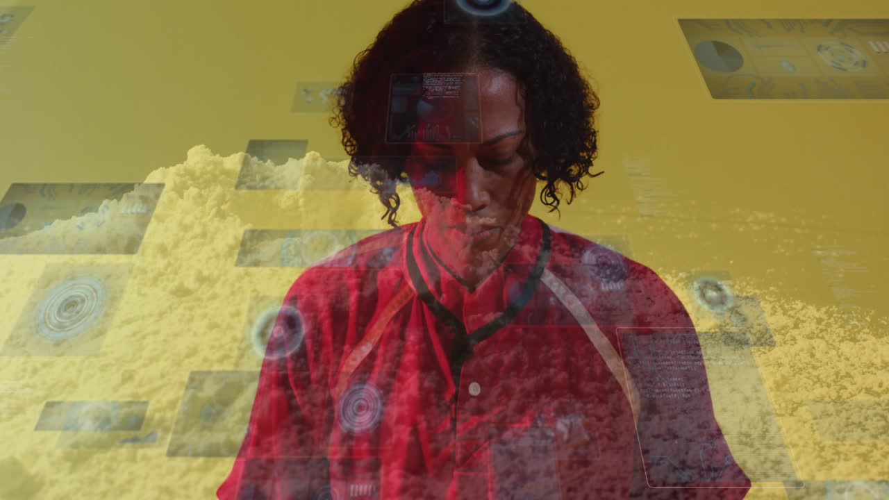 Wearing red sports jersey, person interacting with animation on yellow background