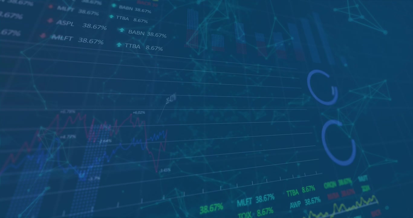 Animation of graphs, trading board over connected dots against abstract background