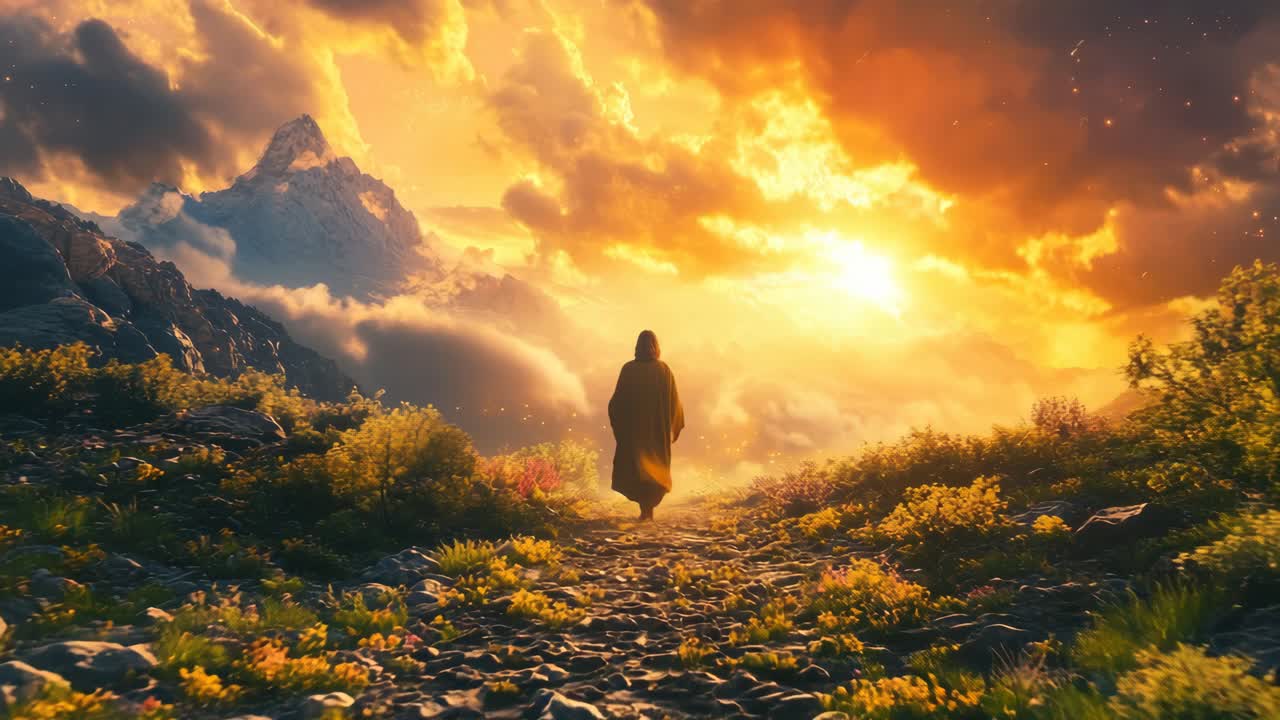 A cinematic landscape video scene with a person walking towards a glowing sunset