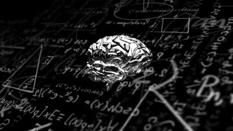 animación del cerebro humano metálico sobre ecuaciones matemáticas