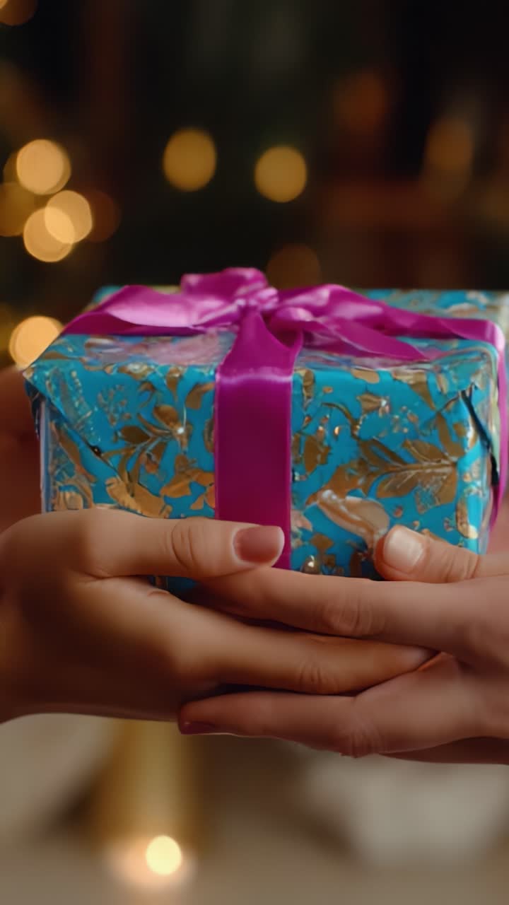 Un gioioso scambio di regali: due mani che offrono una confezione regalo blu, splendidamente incartata e avvolta da un nastro rosa, in una calda atmosfera festiva e con luci bokeh soffuse