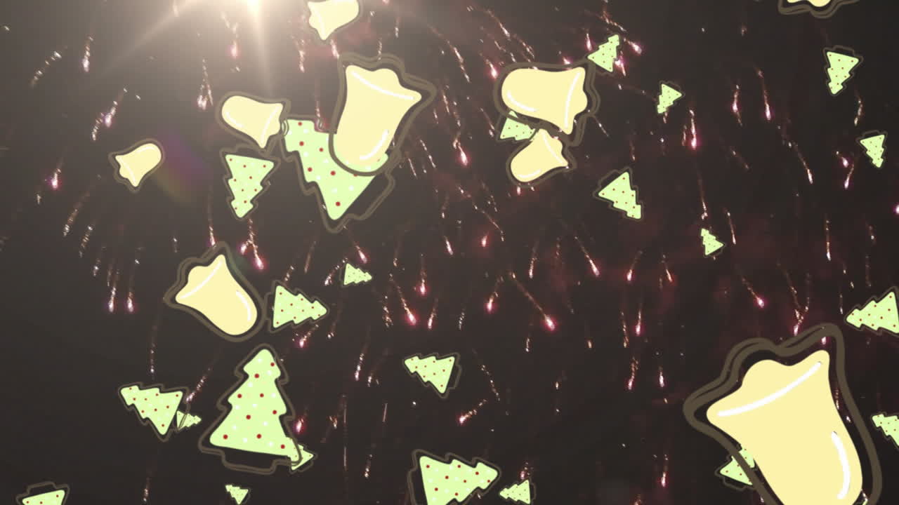 불꽃놀이를 통해 떨어지는 종과 크리스마스 트리의 애니메이션