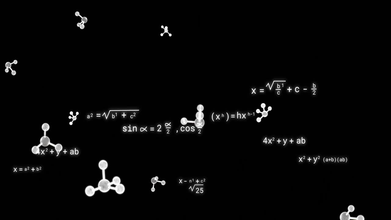 animación de moléculas sobre ecuaciones matemáticas en un fondo negro.