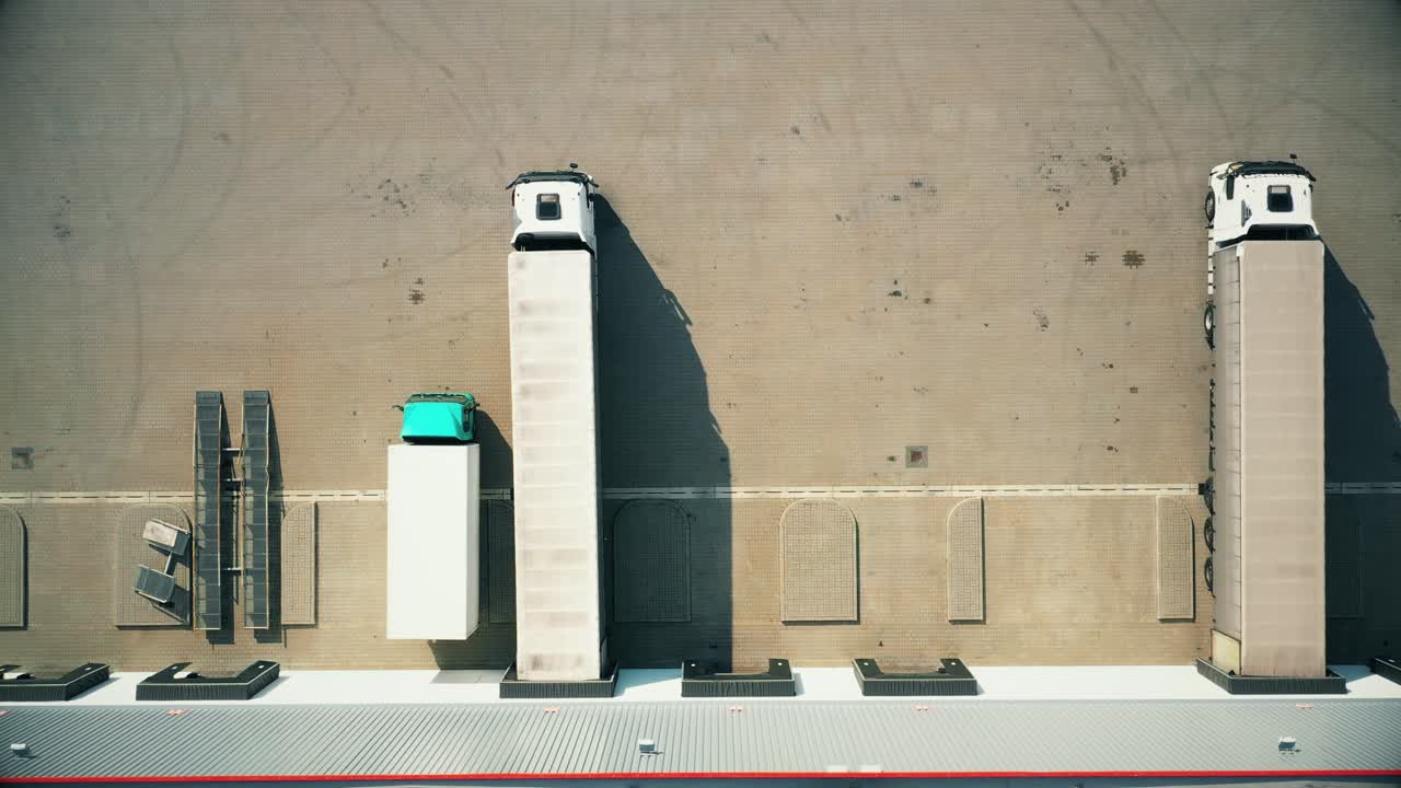 vista aérea de camiones semirremolques parados en las rampas del almacén para cargar y descargar mercancías en el parque logístico