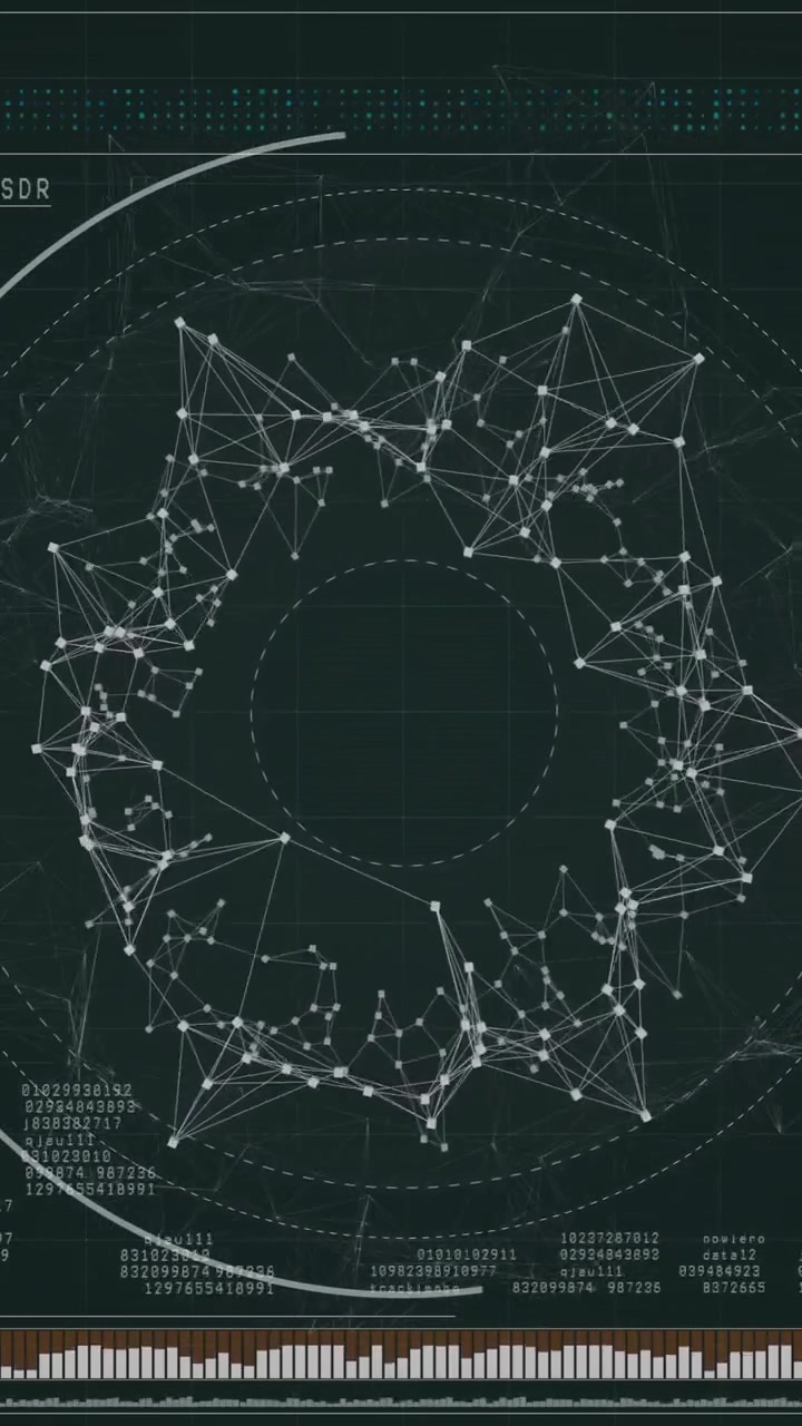 Animazione di connessioni di rete e visualizzazione dati su dashboard analitico