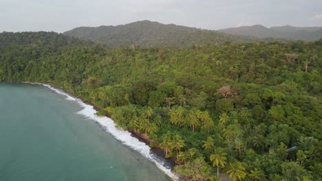 Vista-Aérea-De-Playa-Mecana-Y-La-Exuberante-Selva-En-El-Departamento-De-Chocó,-Cerca-De-Bahía-Solano-En-La-Costa-Pacífica-De-Colombia