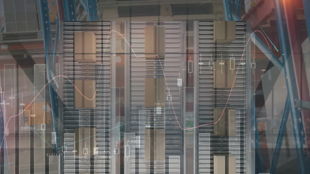 animación de estadísticas sobre cajas de cartón en cintas transportadoras en el fondo