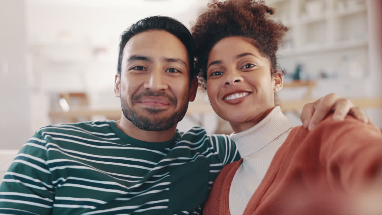 Happy couple, selfie and face on sofa