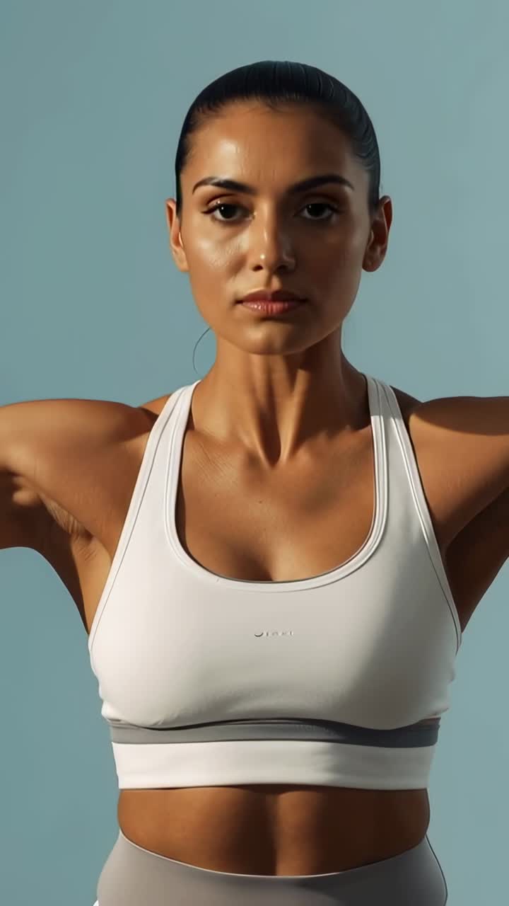 Video verticale: Con un respiro iniziale, donna in top sportivo e leggings che fa riscaldamento per le spalle in uno studio.