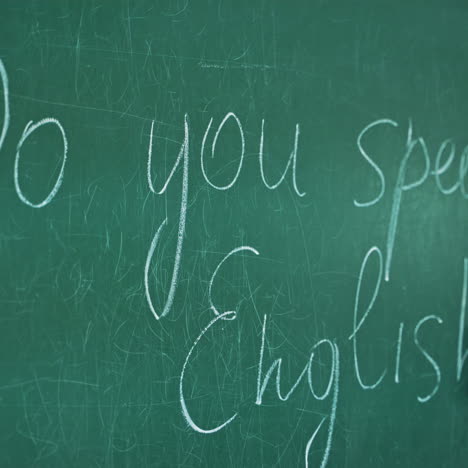 Female's hand is wiping from the blackboard. Teacher wipes the English inscription with sponge on the green board background.
